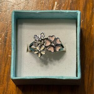 Silver Floral Cluster Ring with Pink Enamel Accents 925 sz 7.5-8